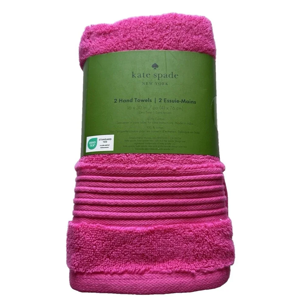 Kate Spade Bright Pink Set of 2 Hand Towels Bathroom Dorm Kids 100% Cotton 16x30